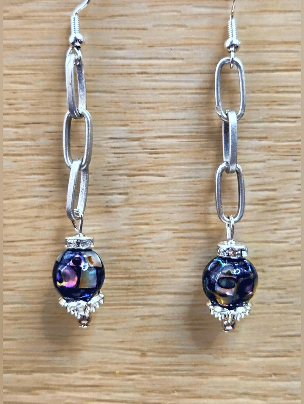 Natural  & Rare Abalone in Simple Paperclip Drop Earrings in Silver Plated Zamac
